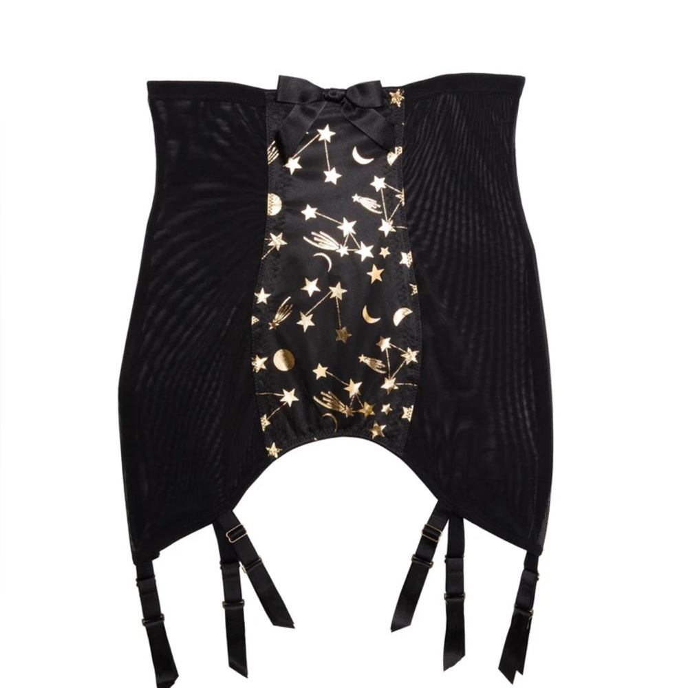 Bettie Page Black Garter Belt with Gold Celestial Print
